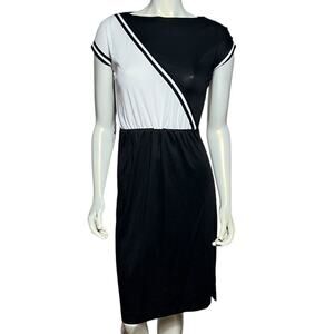 Vintage 80s Black White Color Block Midi Dress Retro Cap Sleeve Medium
